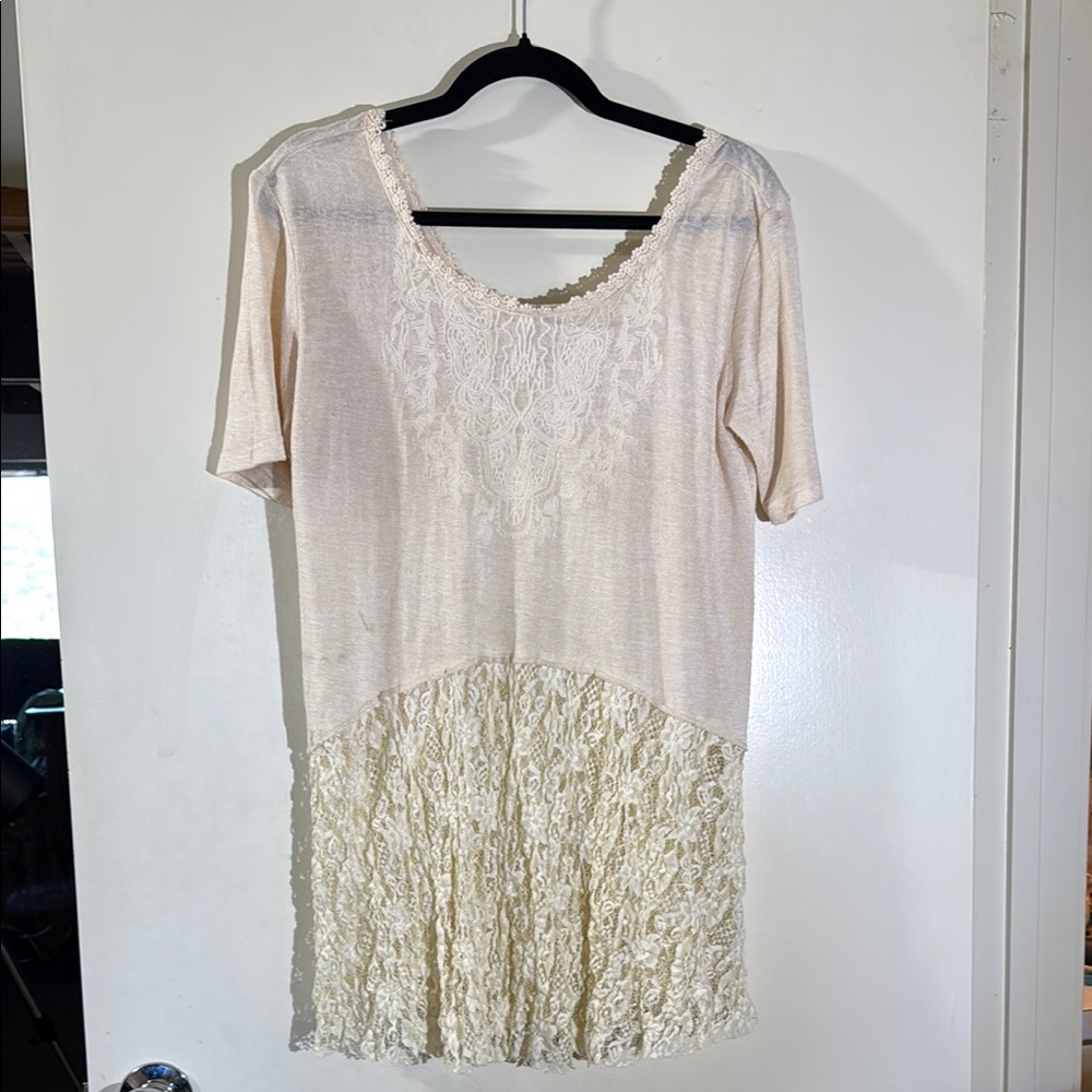 Boho short sleeve lace and cotton tunic Antoinette size small